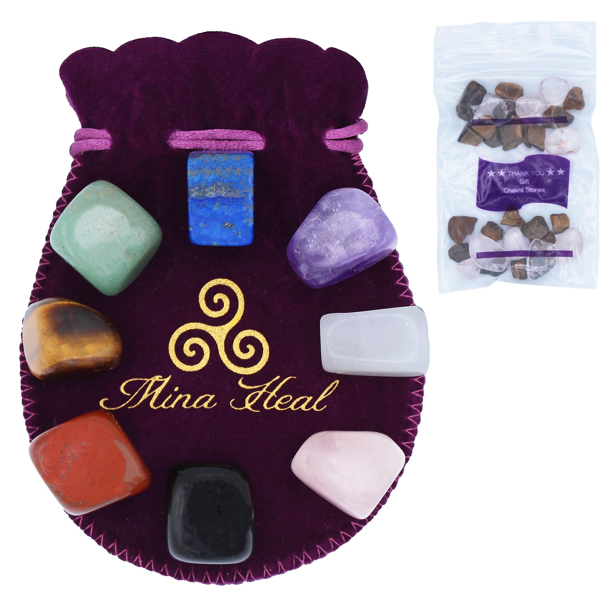 Mina Heal Chakra Stones Set 7+1 ready for focused chakra balancing during meditation