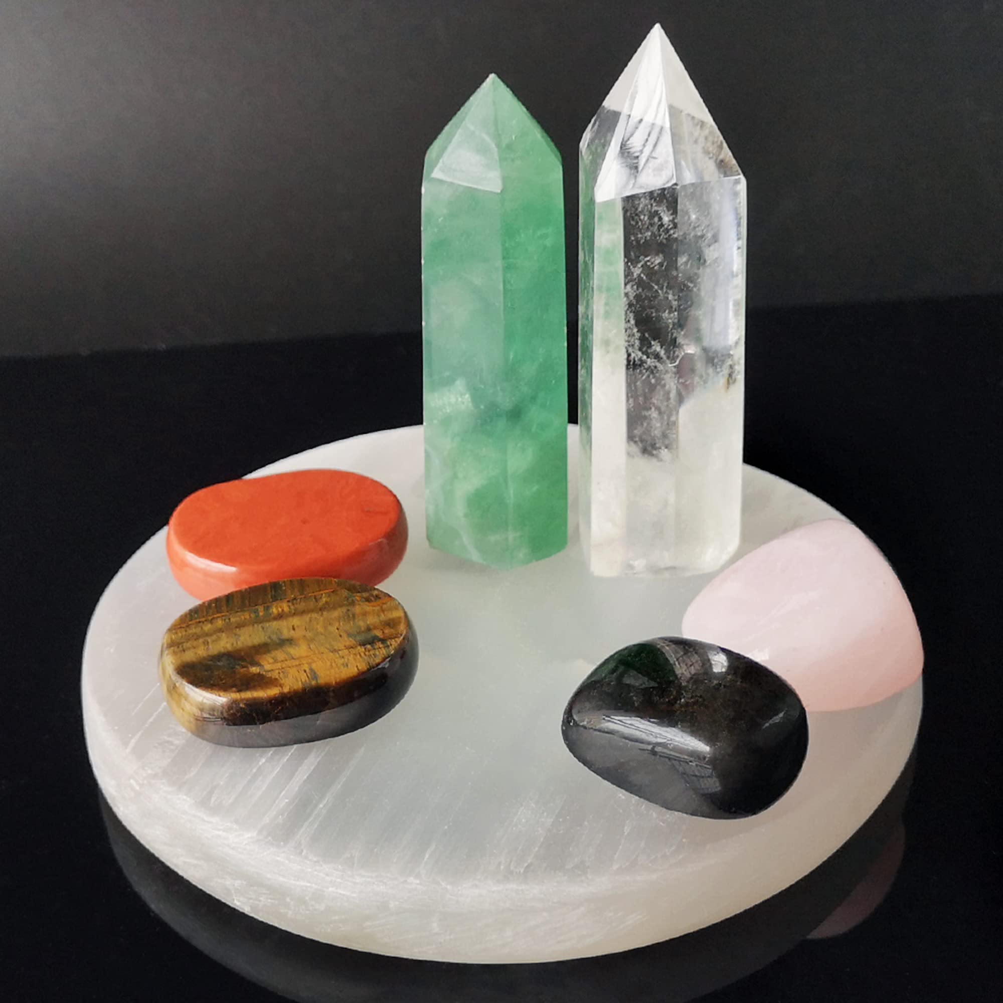Mina Heal selenite disc with crystal wands cleansing energy and focus