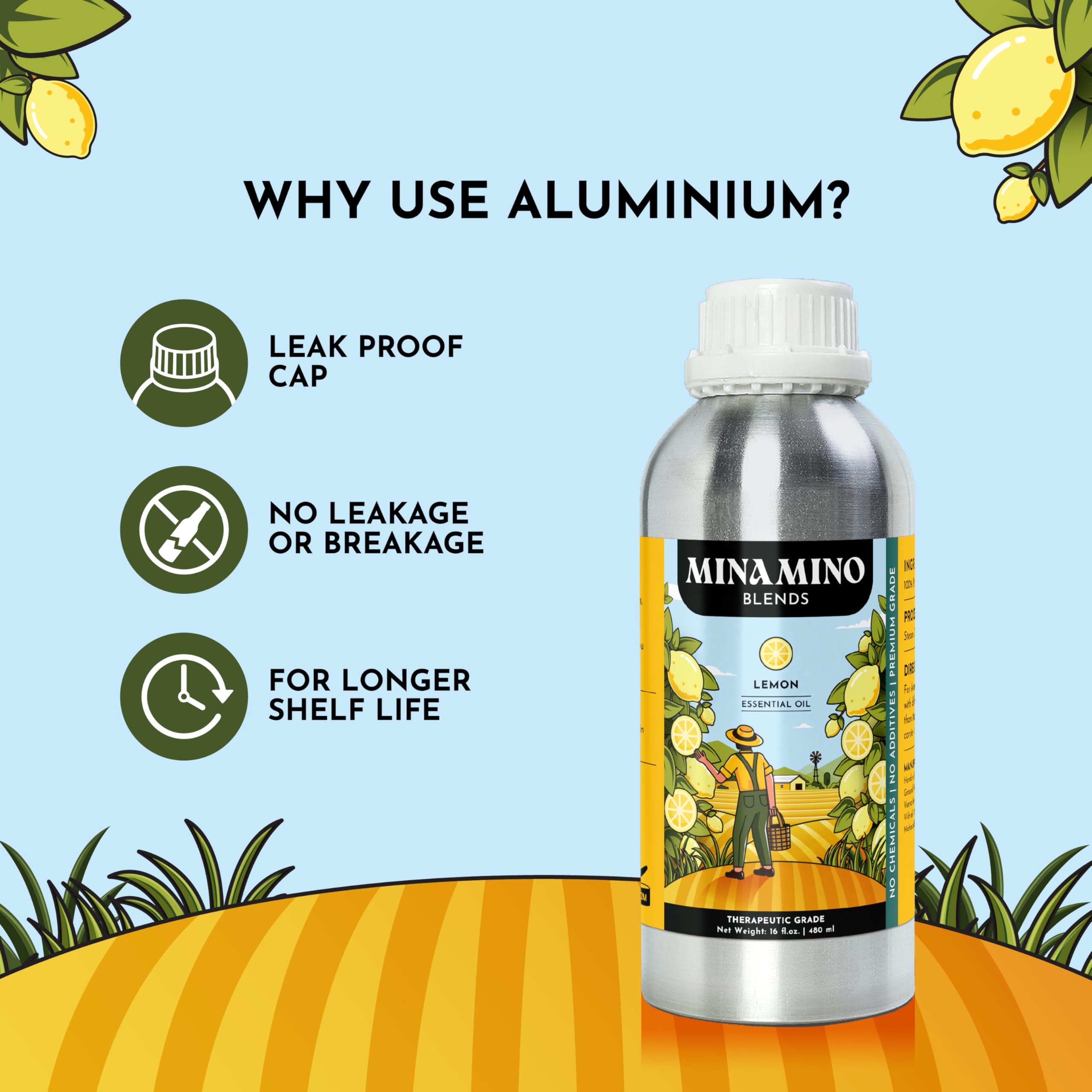 Minamino Blends lemon oil bottle cap close-up emphasizes leak-proof design