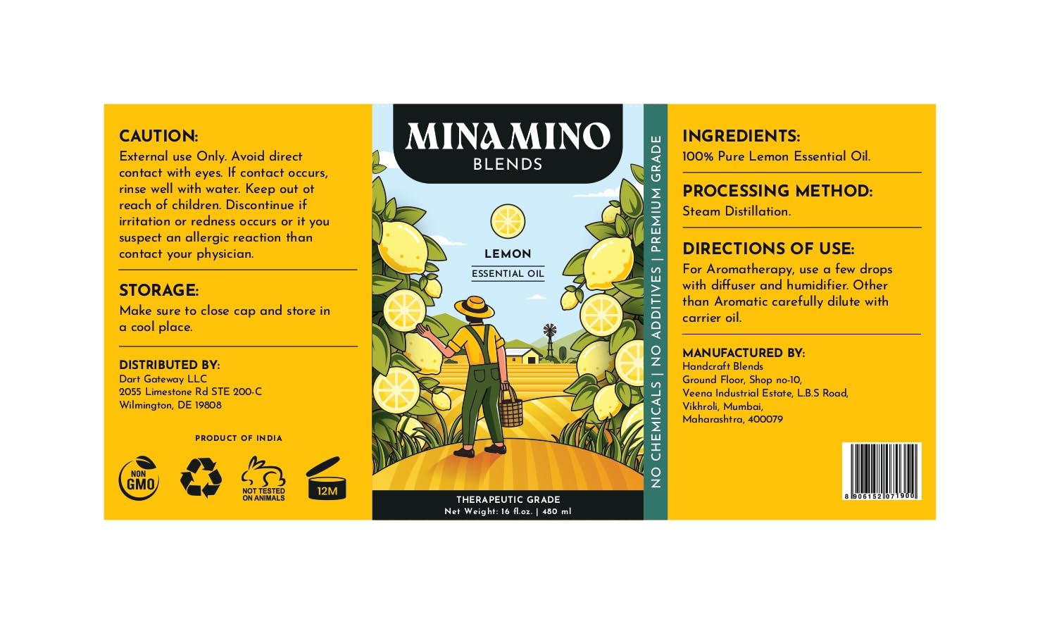 Minamino Blends lemon oil safety icons and usage tips