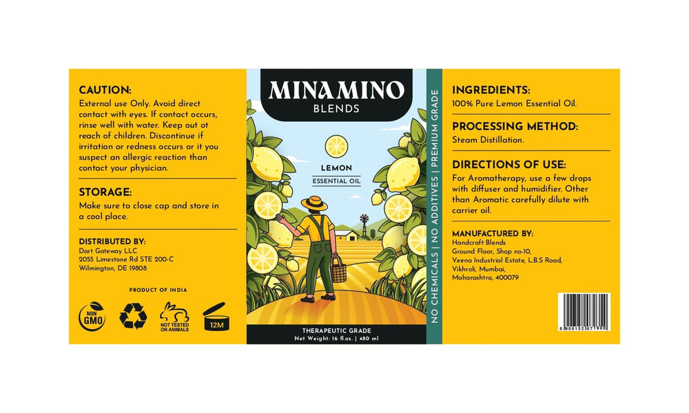Minamino Blends lemon oil safety icons and usage tips