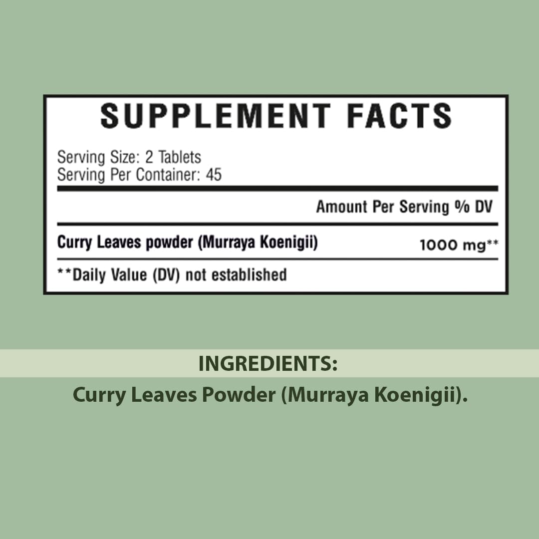 minature curry leaves tablet label with purity and gluten-free info