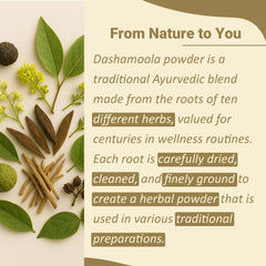 Mi Nature Dashamoola powder bottle highlights ten root blend ideal for herbal teas and blends.