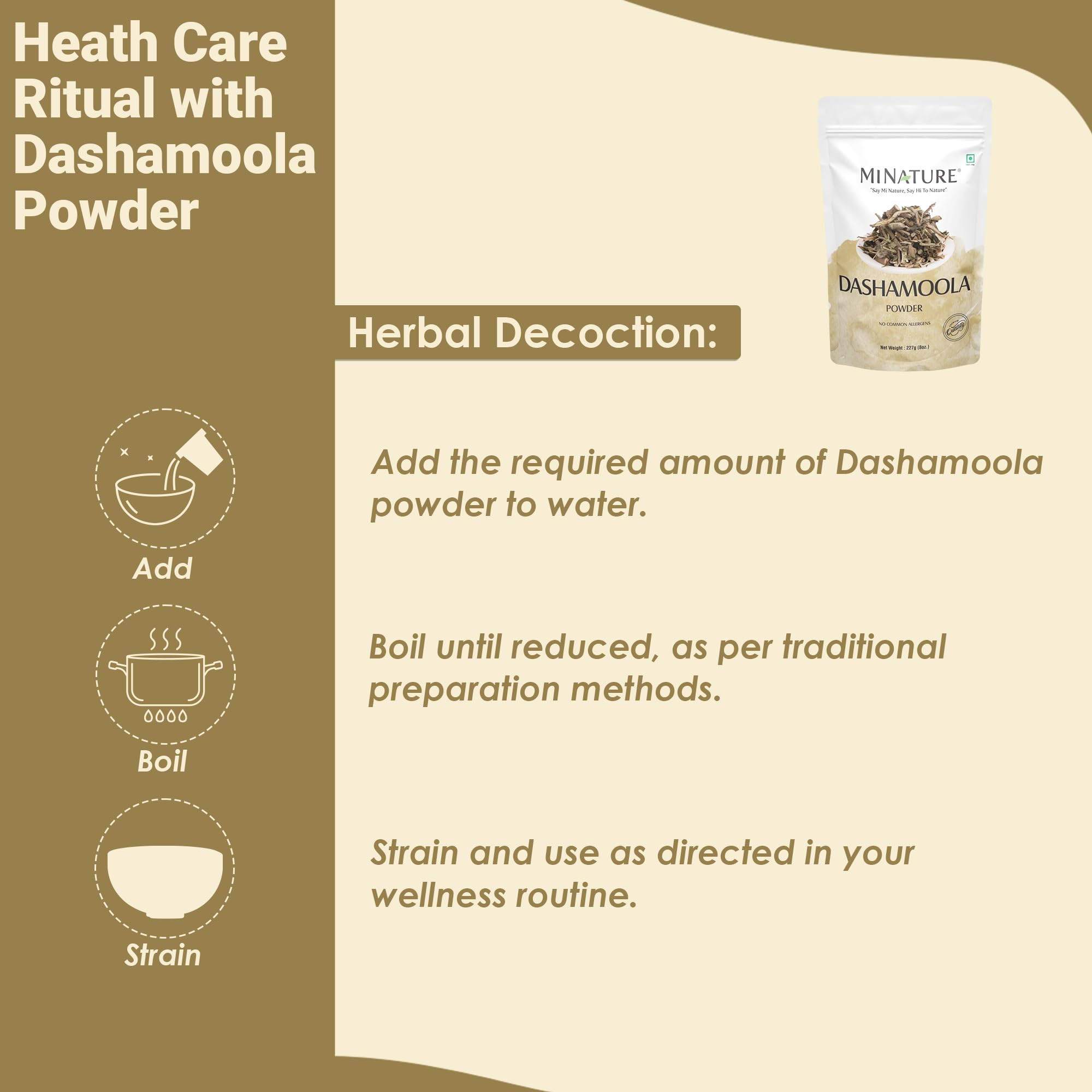 Seal image shows resealable pouch preserving freshness and aroma of Dashamoola.
