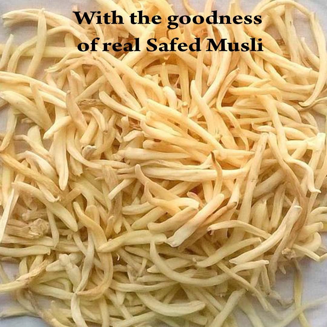 Minature Safed Musli packaging closeup emphasizes gluten-free labeling for dietary flexibility.