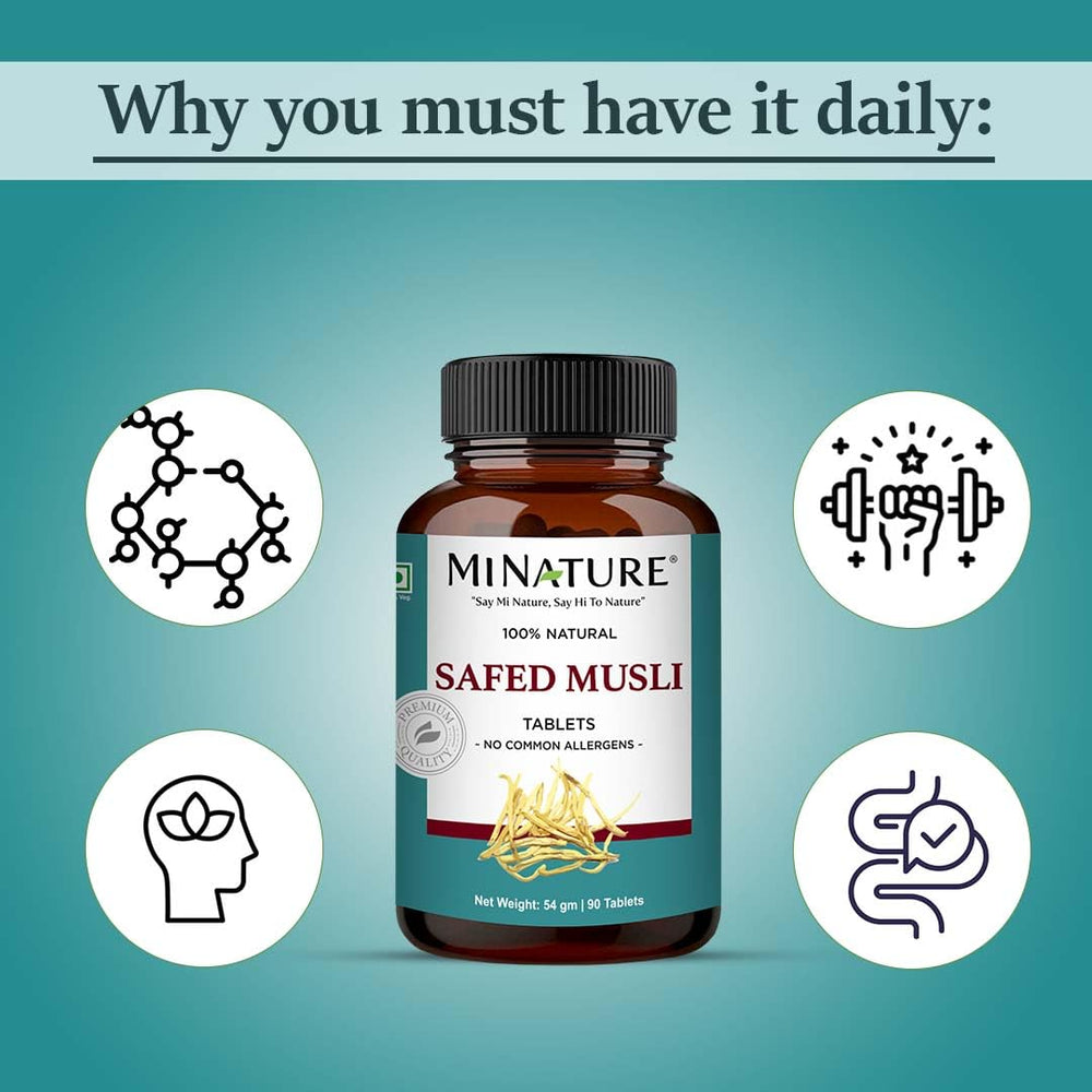 Minature Safed Musli bottle with herbal imagery signals plant-based wellness support.