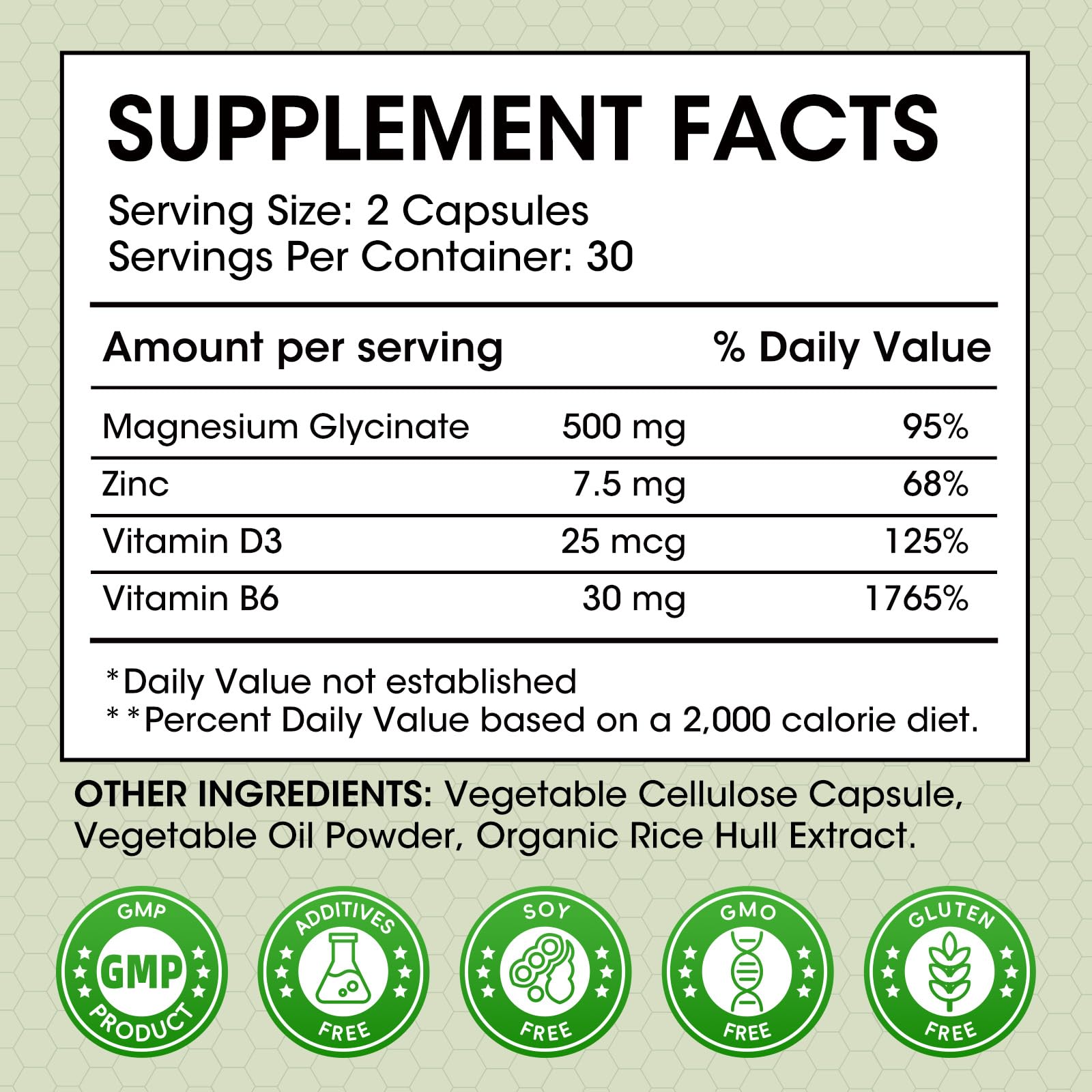 Minch magnesium glycinate ingredients label with zinc and vitamins D3 and B6.