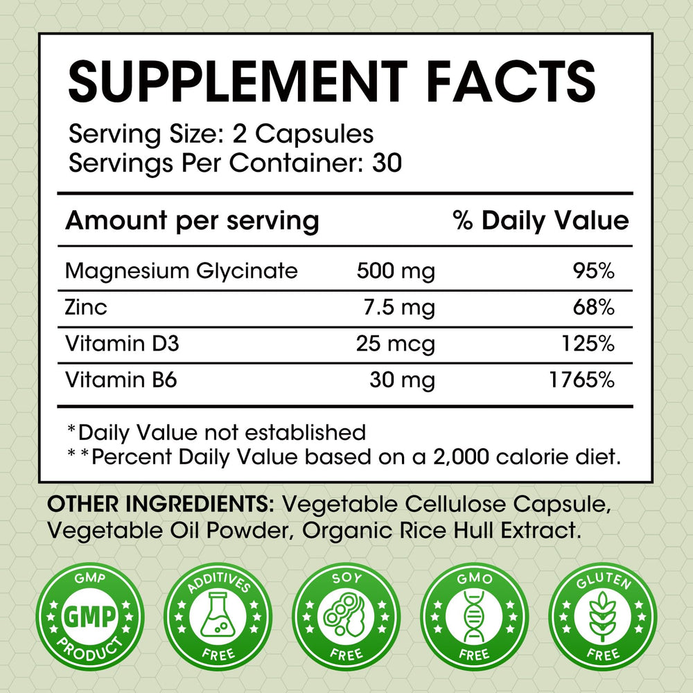 Minch magnesium glycinate ingredients label with zinc and vitamins D3 and B6.