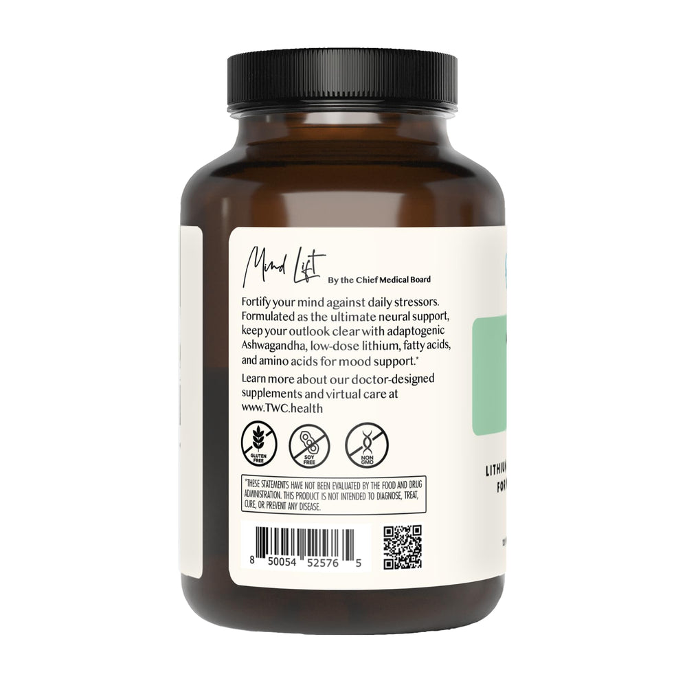 Mind Lift capsules closeup highlighting GABA and DHA ingredients.