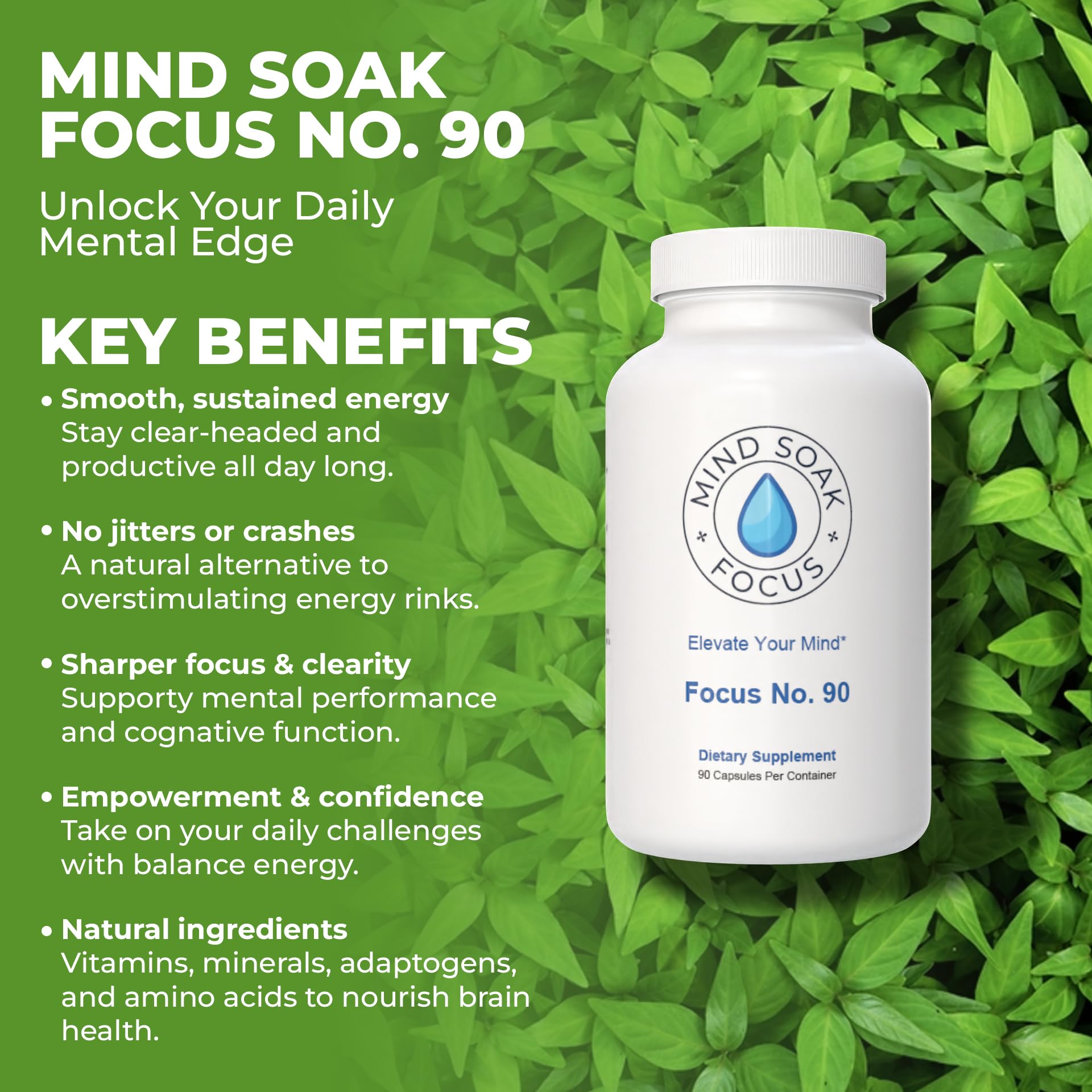 Mind Soak Focus No. 90 capsules closeup highlighting daily focus potential