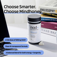 Mindhoney NAD+ anti-aging visual suggesting cellular resilience.