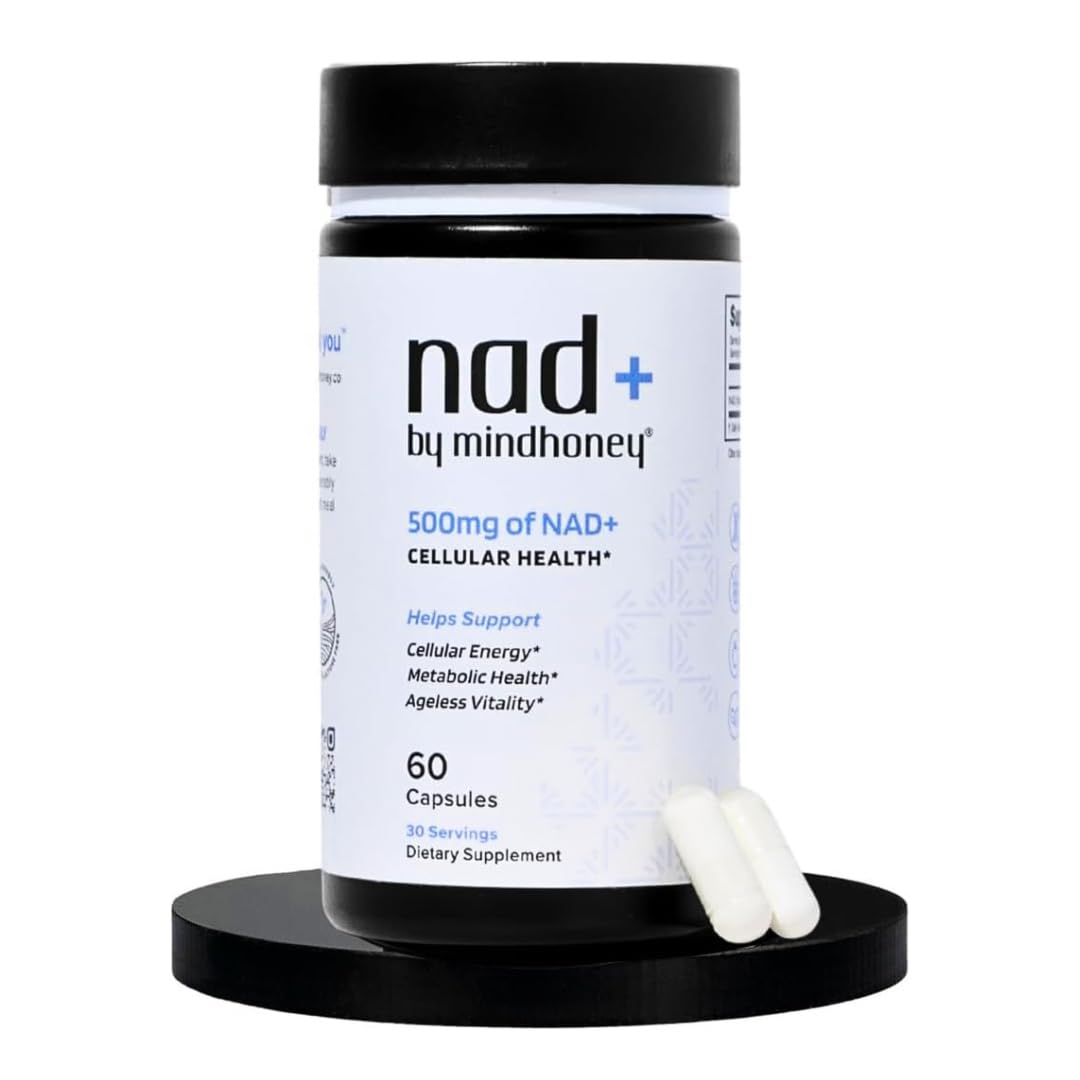 Mindhoney NAD+ brain supplement bottle supports focus and mental clarity.
