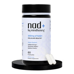 Mindhoney NAD+ brain supplement bottle supports focus and mental clarity.