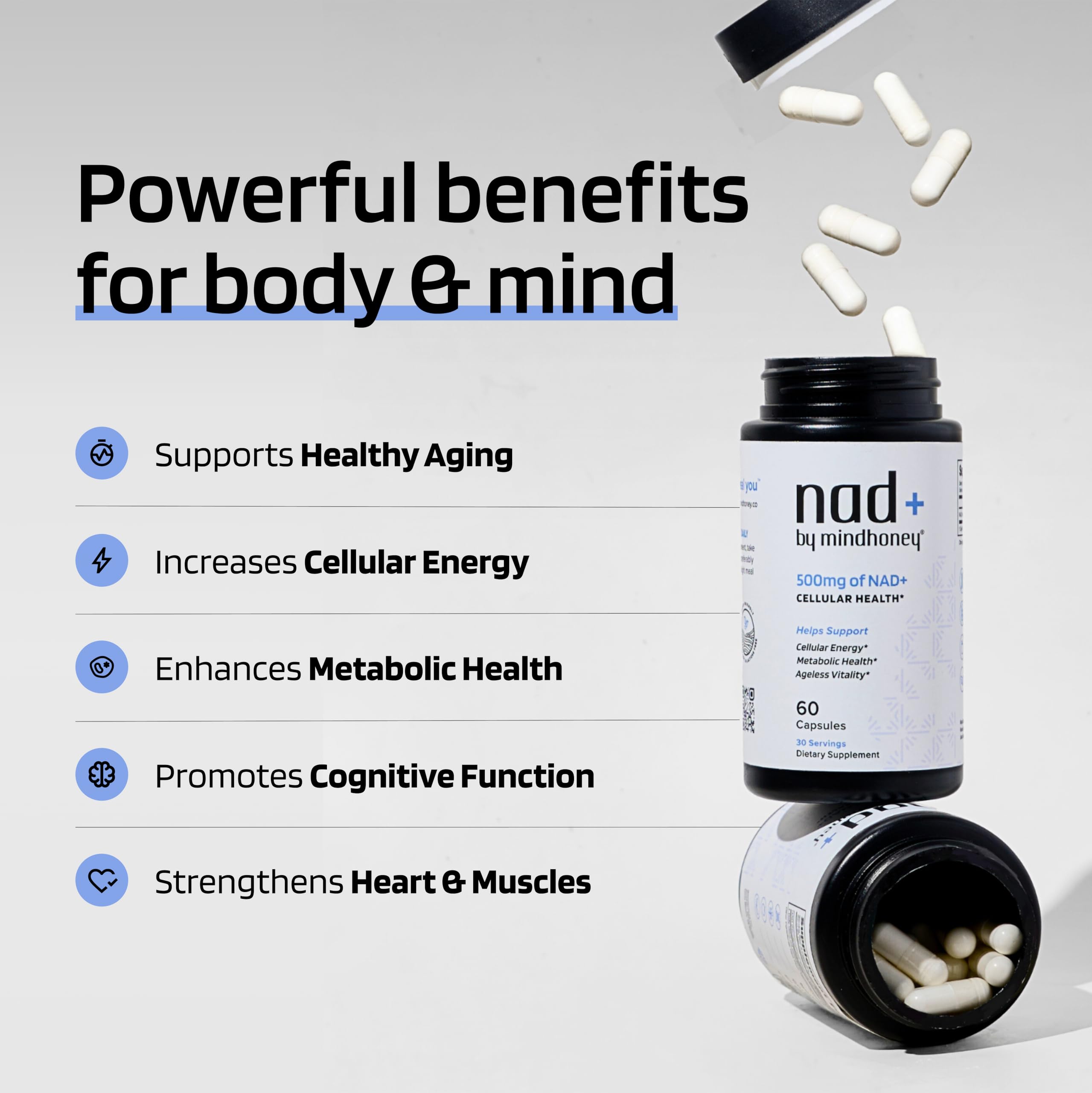 Mindhoney NAD+ capsules close-up showing premium formula for daily energy.