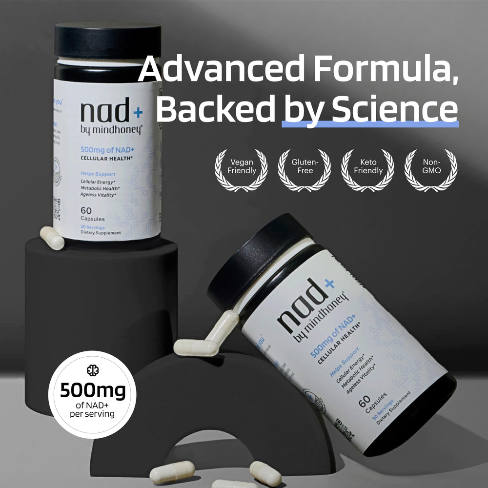 Mindhoney NAD+ energy focus visual for everyday vitality.