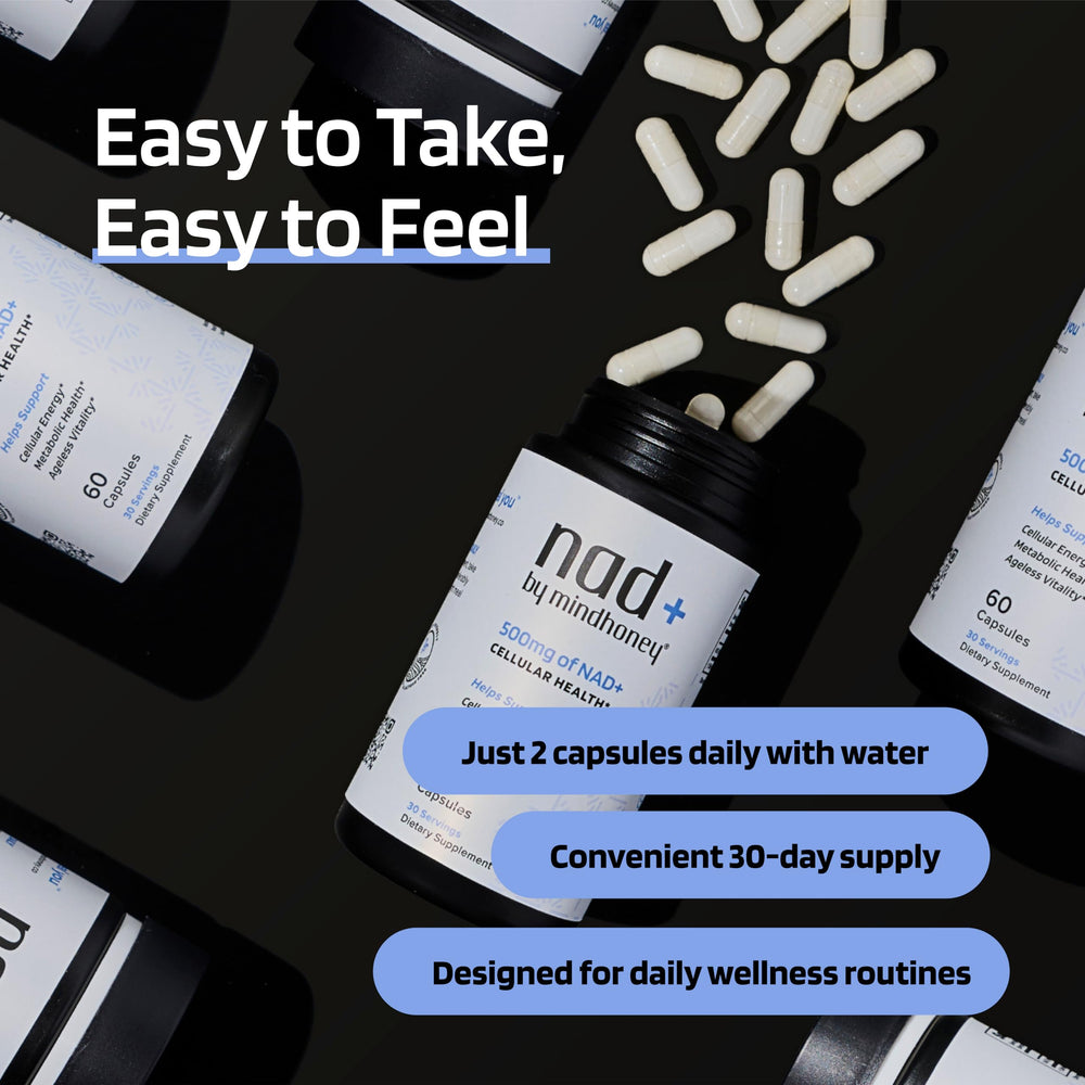 Mindhoney NAD+ bottle signaling heart and muscle health support.