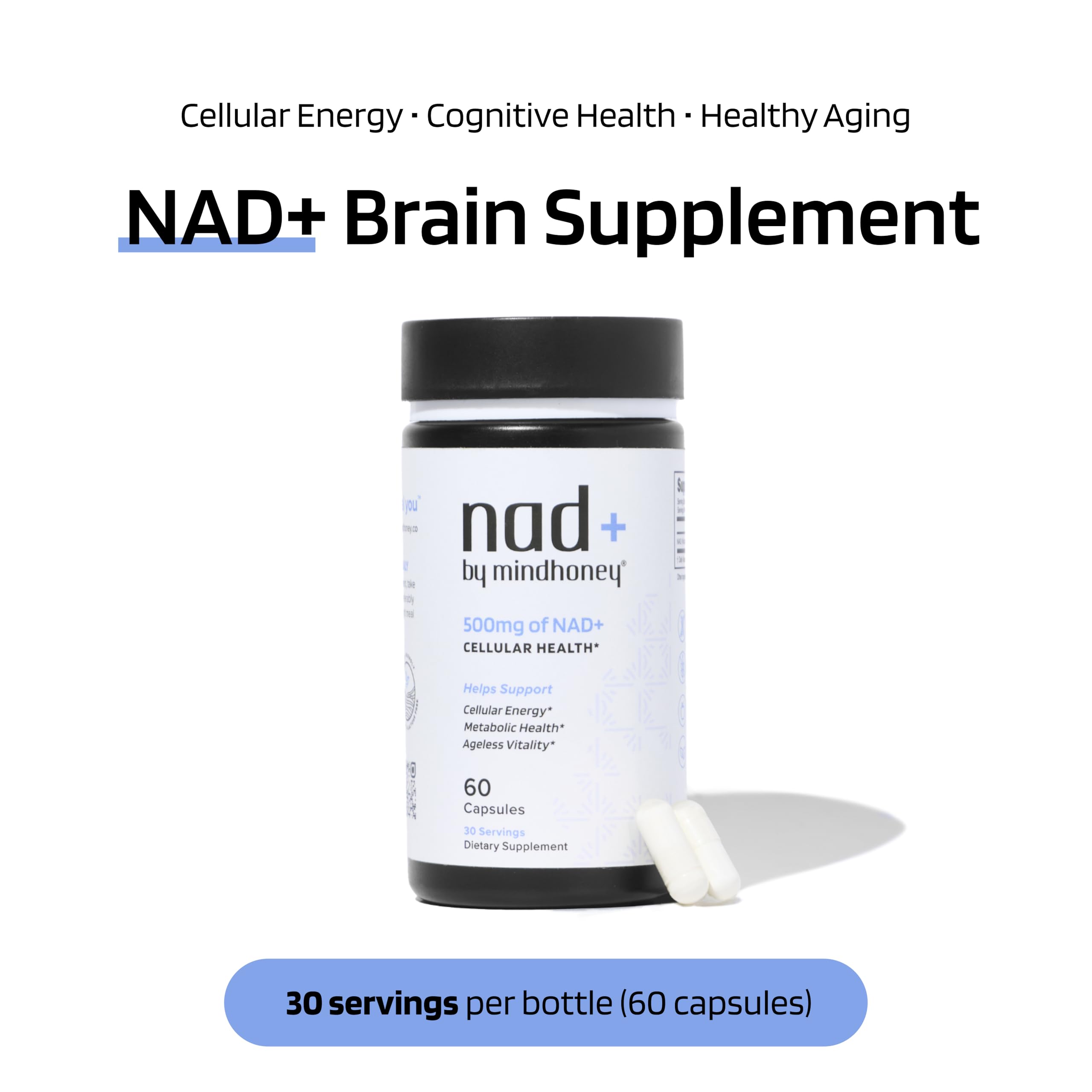 Mindhoney NAD+ label highlights vegan, non-GMO, gluten-free formulation.