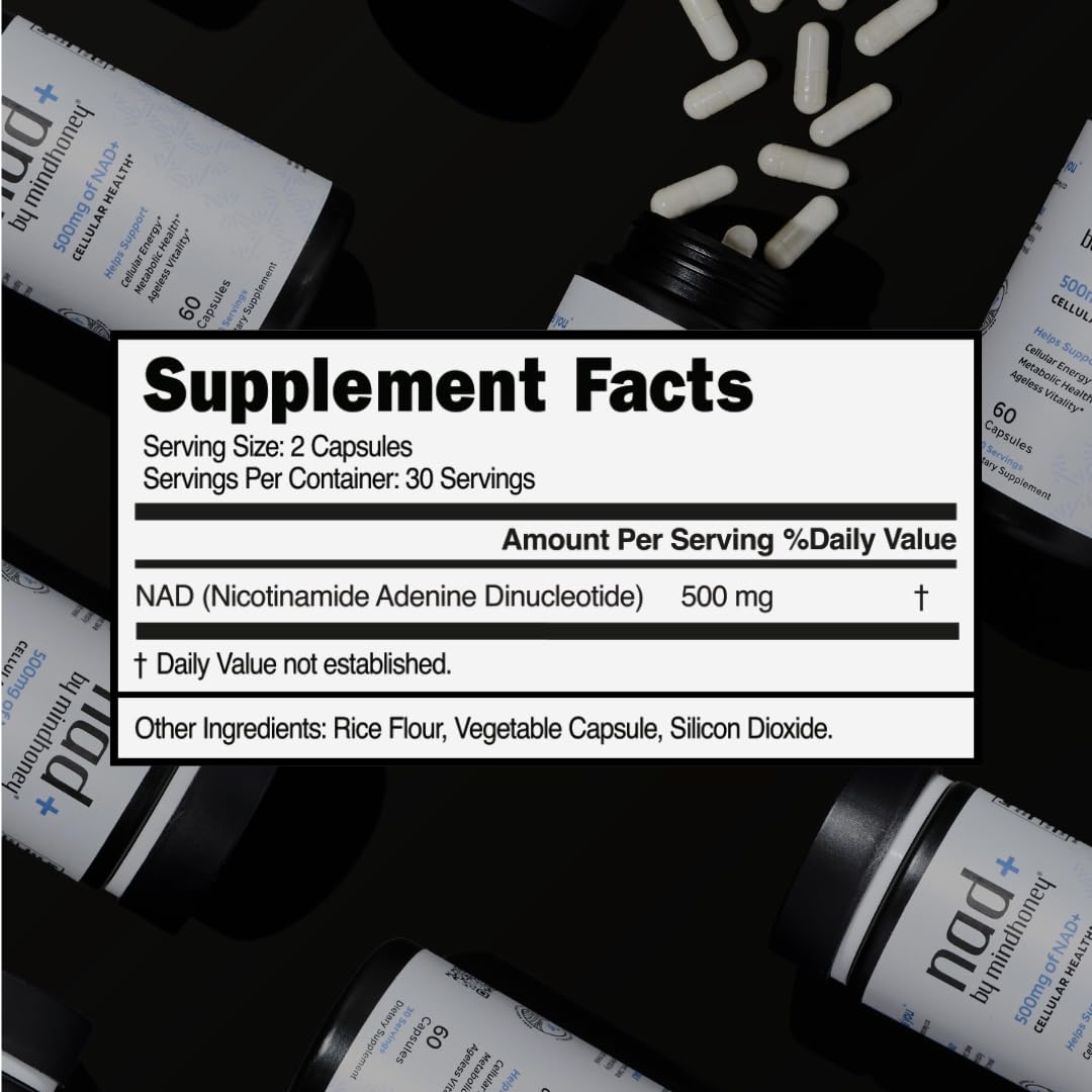 Mindhoney NAD+ bottle indicates 30-day serving for consistent use.