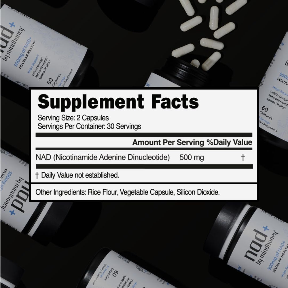 Mindhoney NAD+ bottle indicates 30-day serving for consistent use.