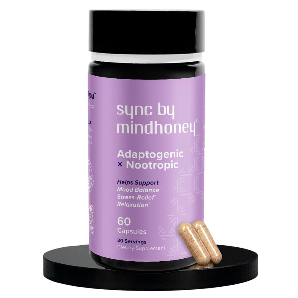 MINDHONEY SYNC 60-count bottle front view supports daily mood balance and relaxation.