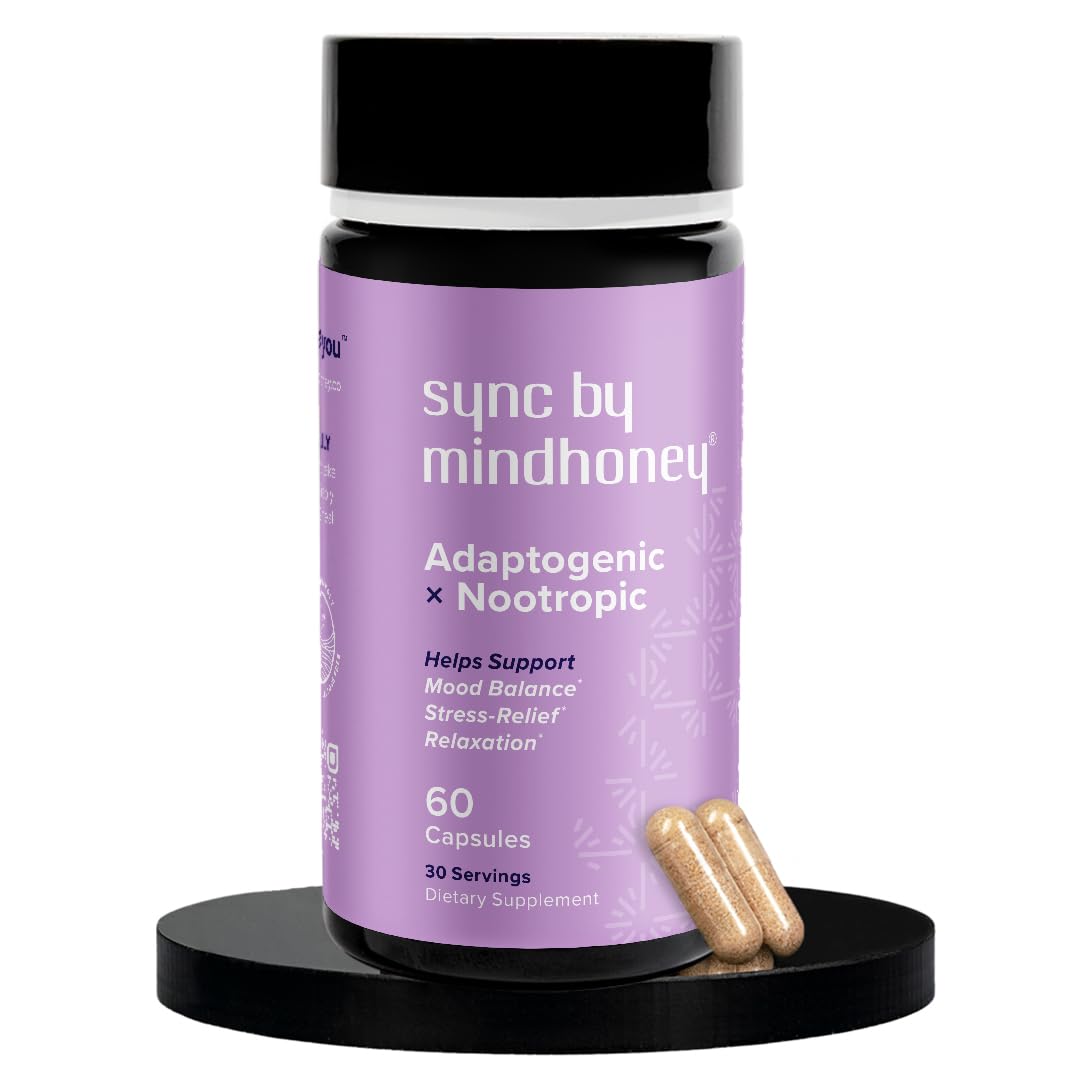 MINDHONEY SYNC 60-count bottle front view supports daily mood balance and relaxation.