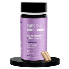 MINDHONEY SYNC 60-count bottle front view supports daily mood balance and relaxation.