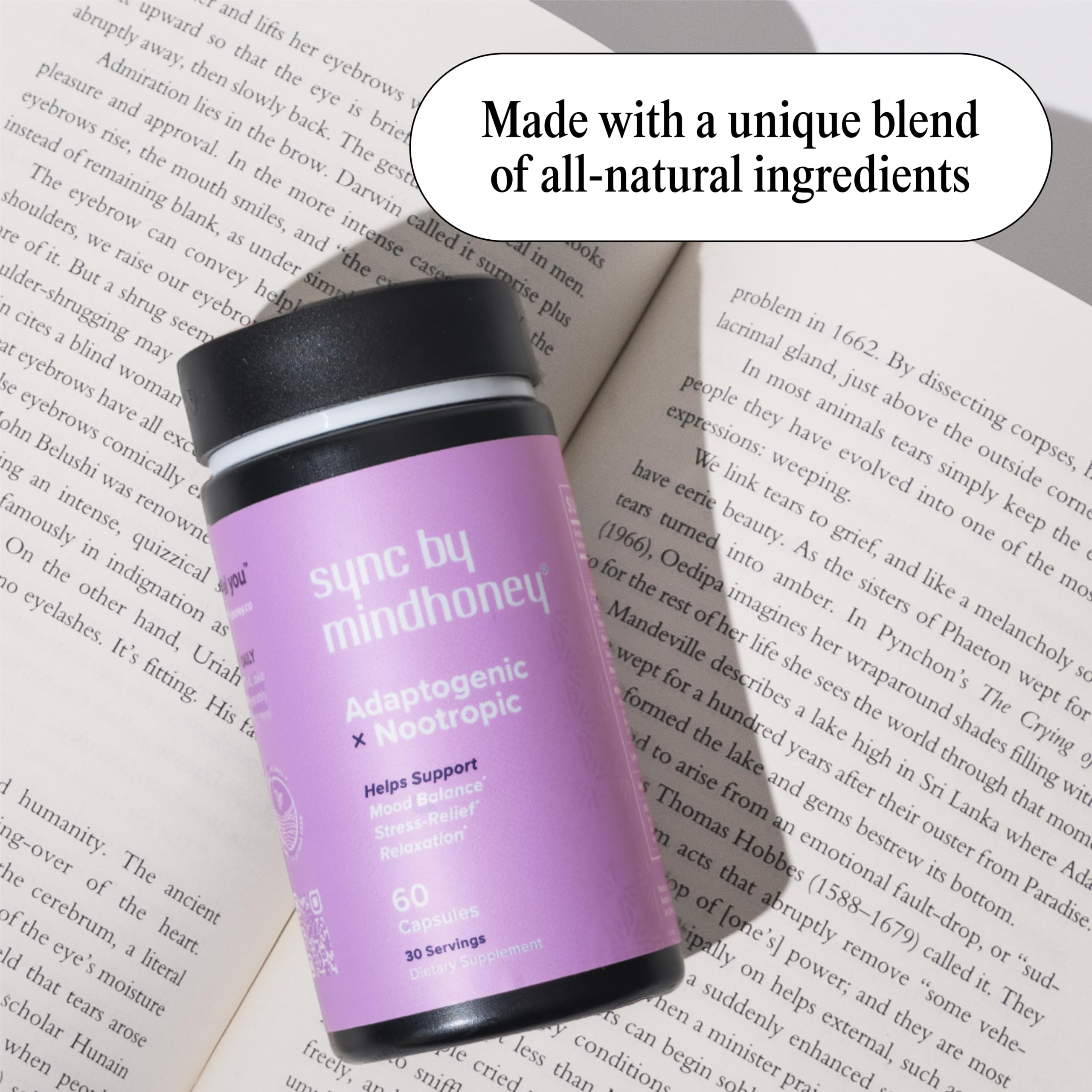 MINDHONEY SYNC label close-up highlights Ashwagandha and L-Theanine for stress support.