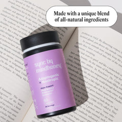 MINDHONEY SYNC label close-up highlights Ashwagandha and L-Theanine for stress support.