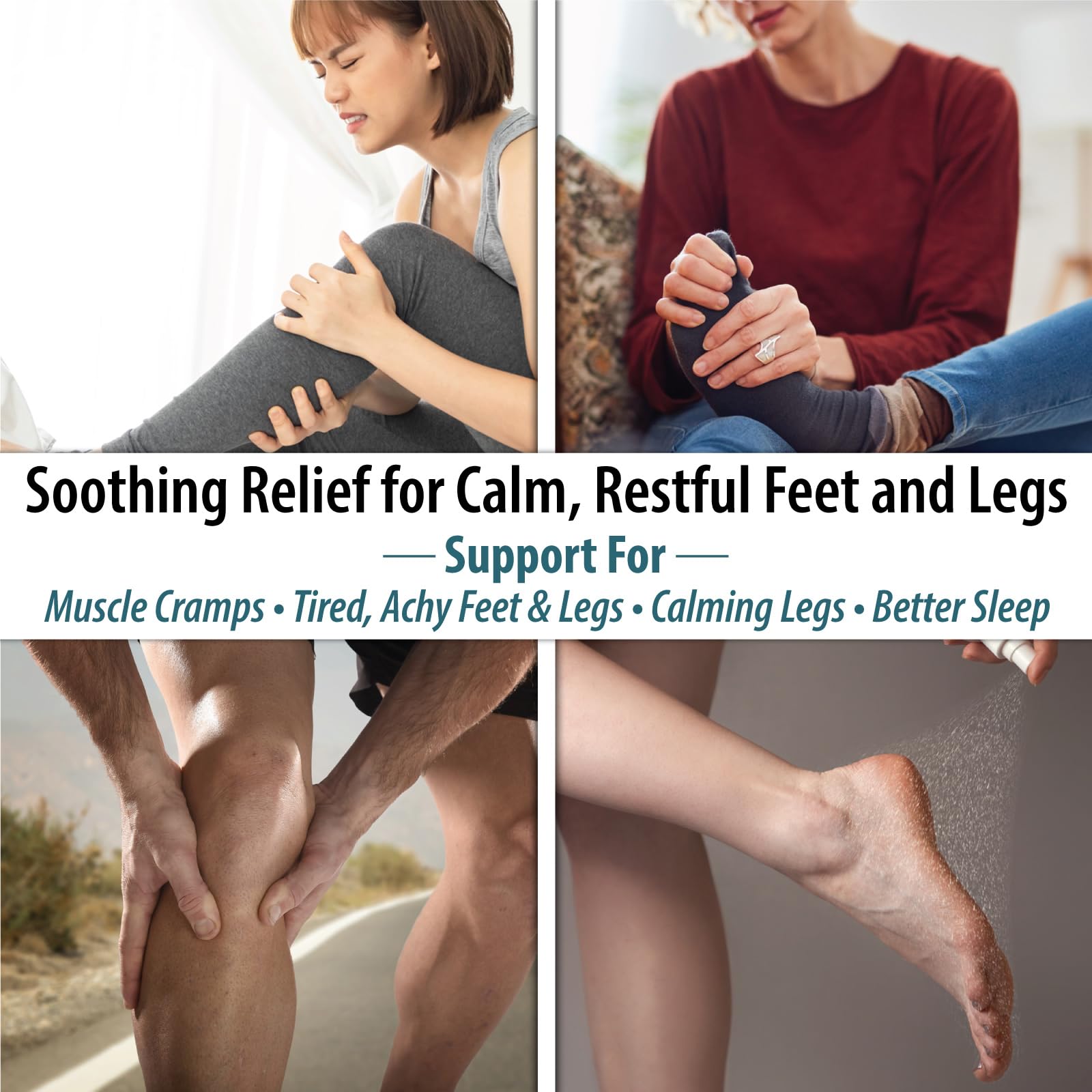 Mineral Resources Magnesium Oil Spray being applied to feet for tired-muscle relief.