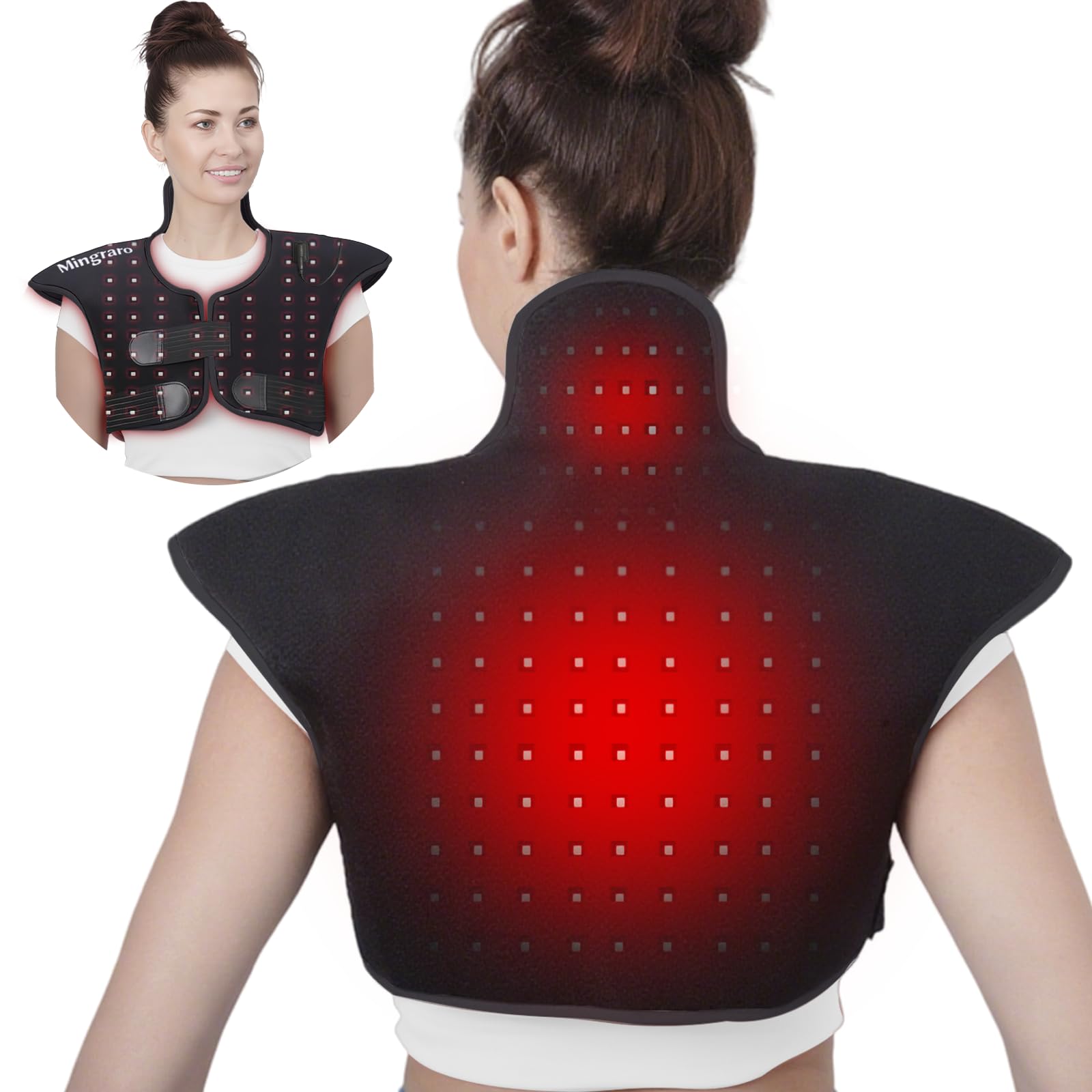 Mingraro red light therapy pad on shoulder and neck for targeted relief