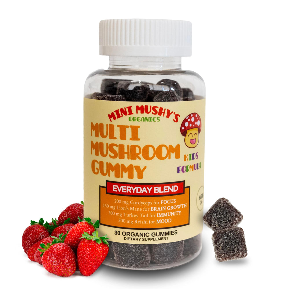 Mini Mushy's bottle-front view shows organic daily wellness gummies for kids.