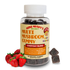 Mini Mushy's bottle-front view shows organic daily wellness gummies for kids.