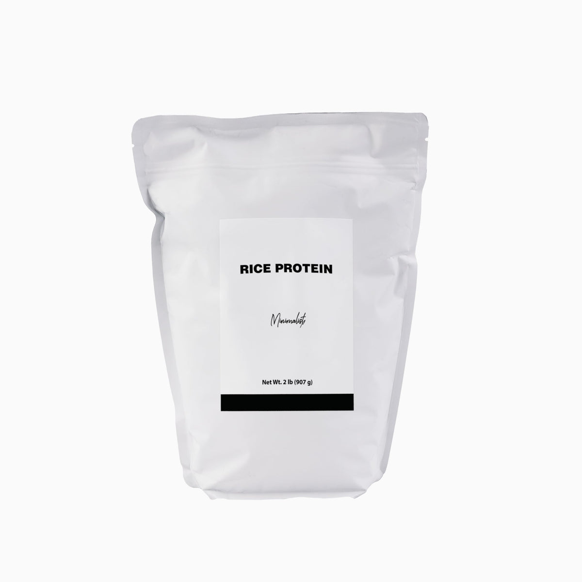 Minimalist Rice Protein bag front with resealable closure for easy storage.