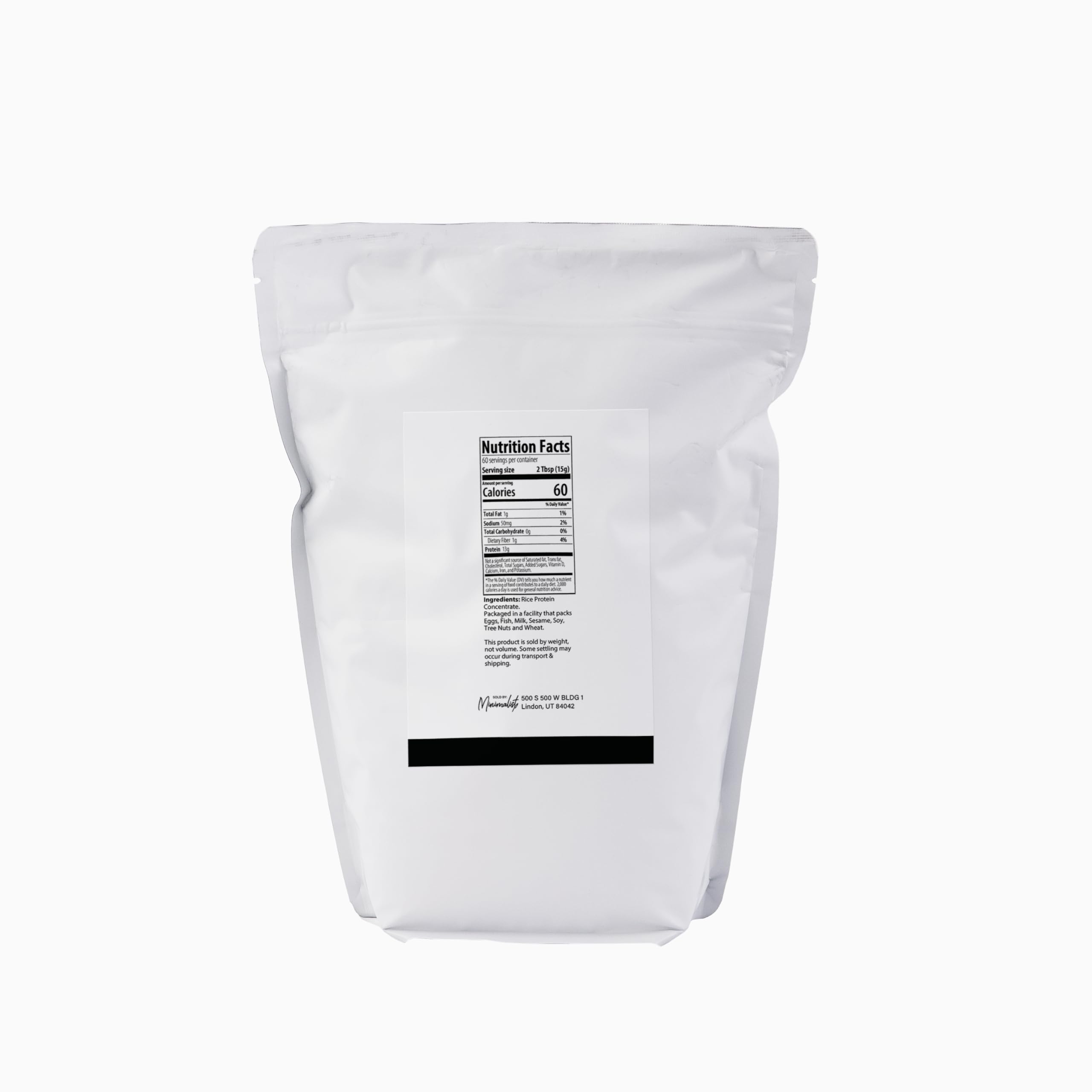Minimalist Rice Protein bag open showing user-friendly packaging for smoothies.
