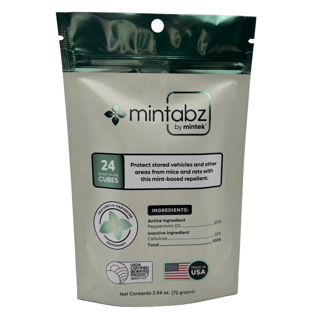 Mintek Mintabz cubes closeup showing peppermint formula for rodent deterrence