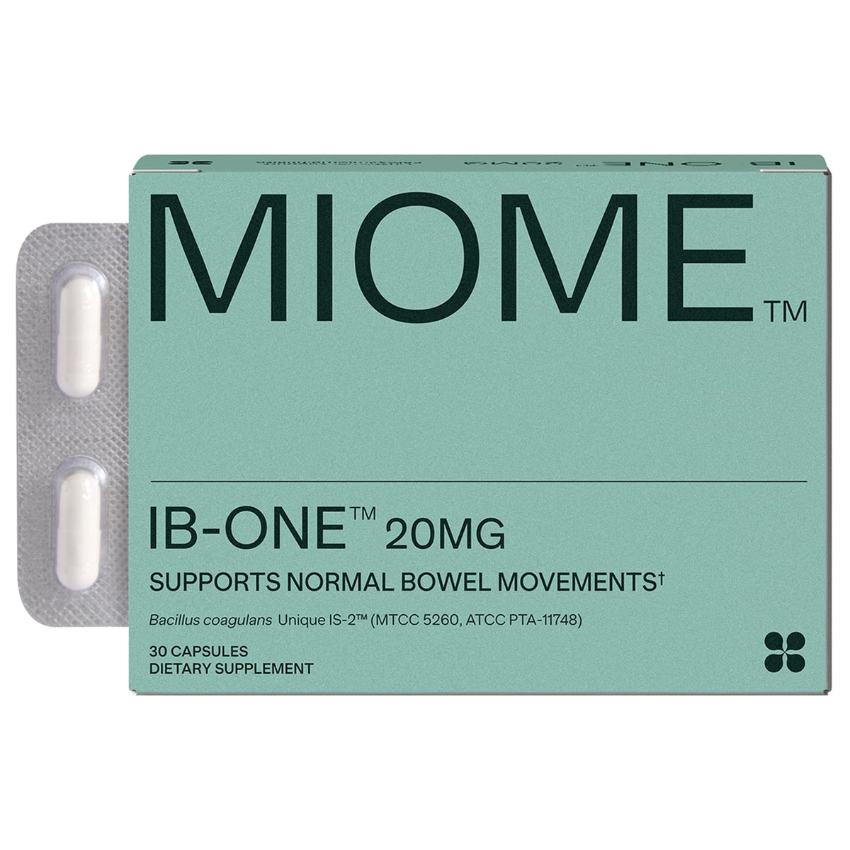 MIOME IB-ONE probiotic bottle with capsules for daily gut support.