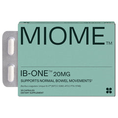 MIOME IB-ONE probiotic bottle with capsules for daily gut support.