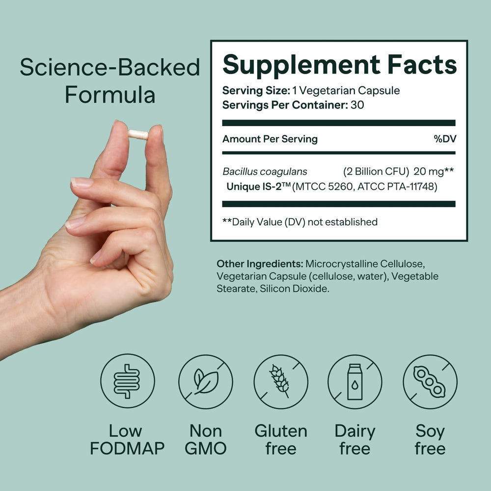 MIOME IB-ONE capsules delivering 2 billion CFU to support digestion.