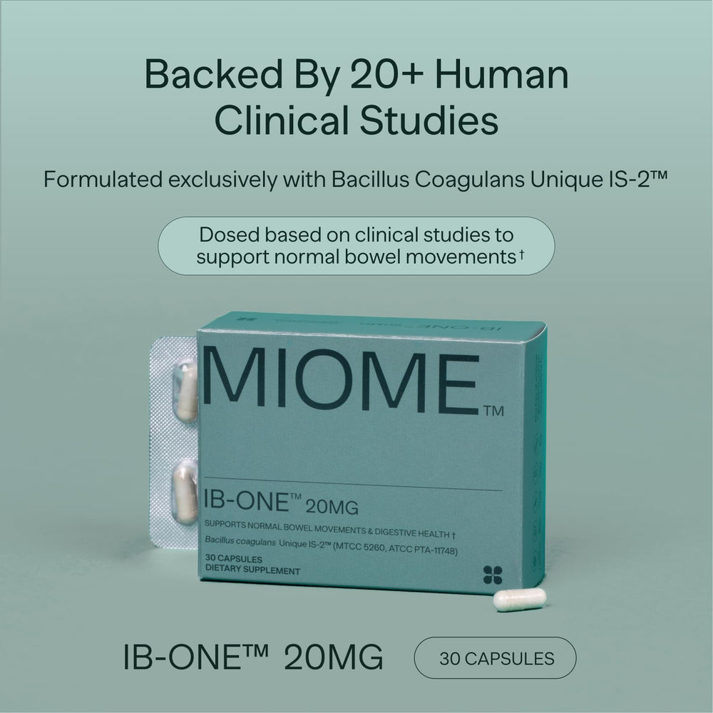 MIOME IB-ONE label close-up highlights Bacillus coagulans Unique IS-2.