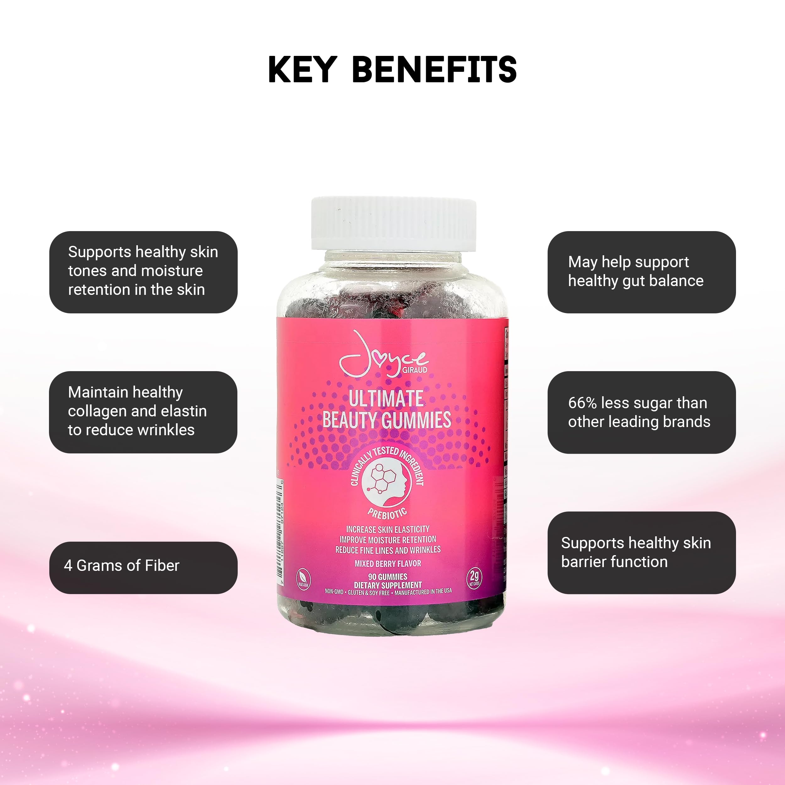 Close-up of Miracle Elixir Collection gummies shows high-purity prebiotic benefits.