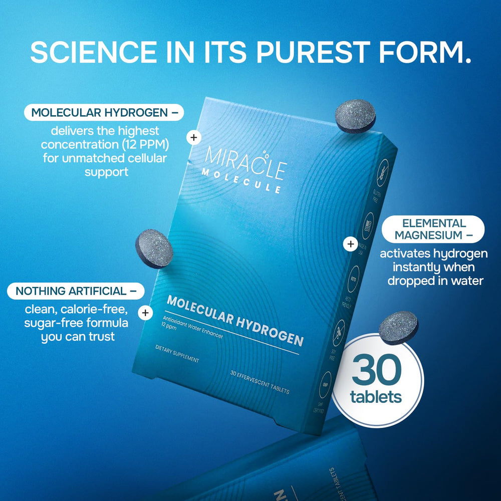 Packaging back of Miracle Molecule hydrogen tablets shows ingredients and 12 PPM detail.