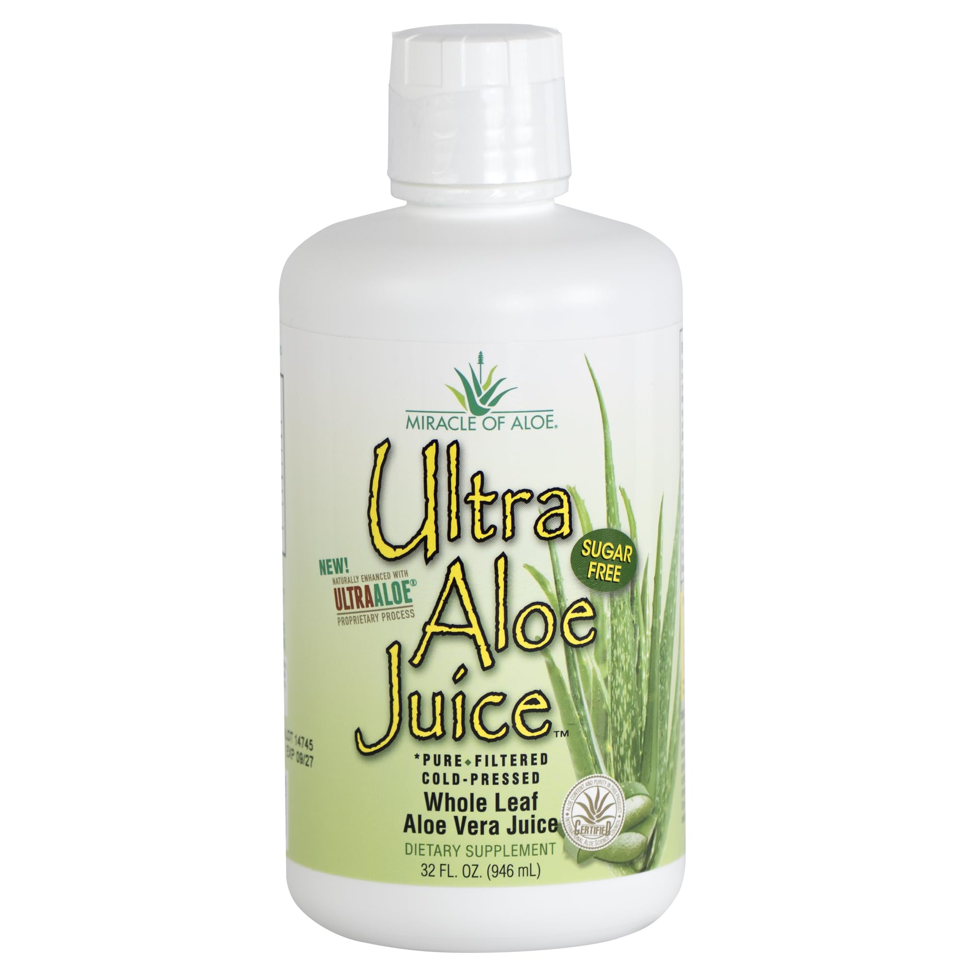 Miracle of Aloe Ultra Aloe juice bottle pour; convenient daily addition.