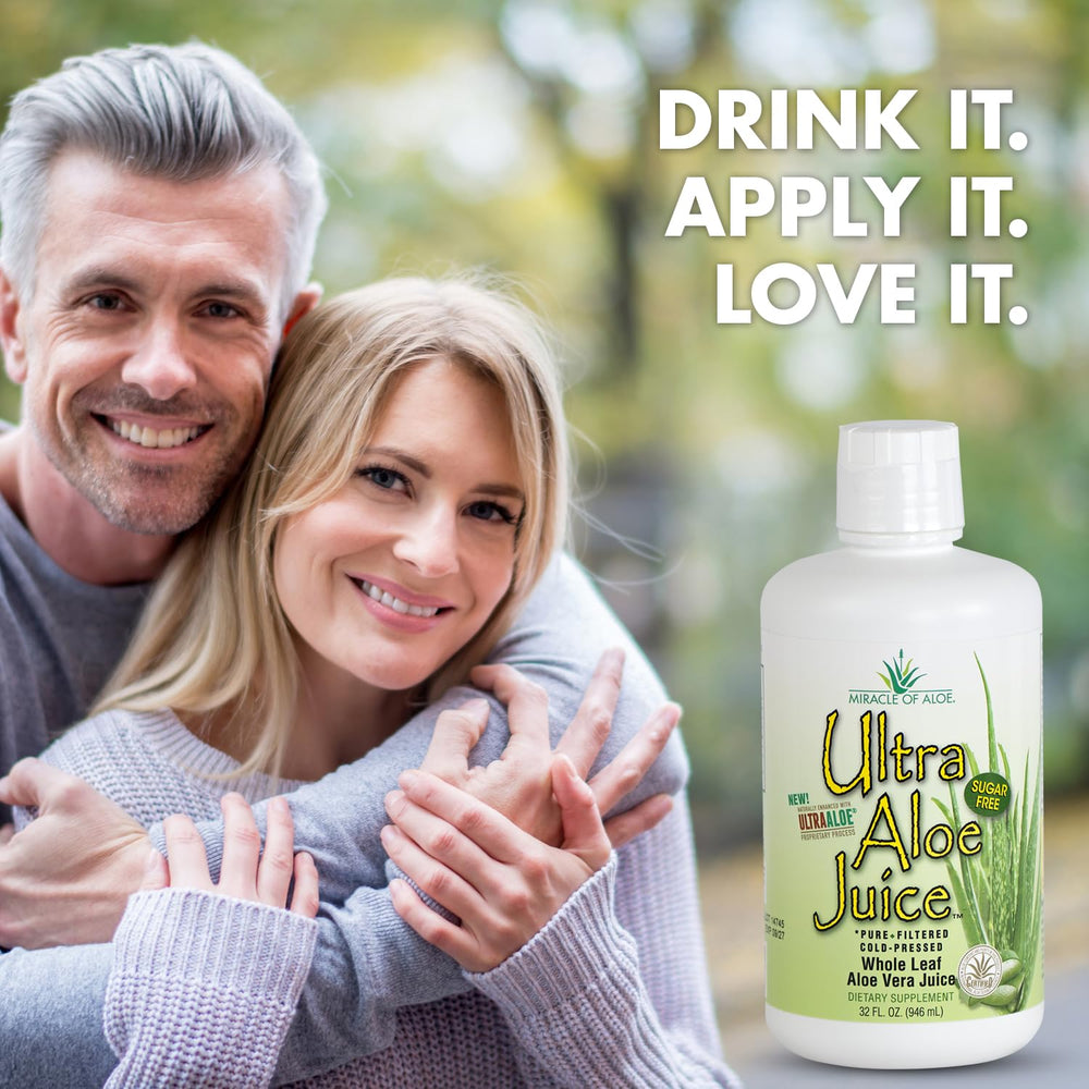 Miracle of Aloe Ultra Aloe juice pour in a glass; ideal before meals.
