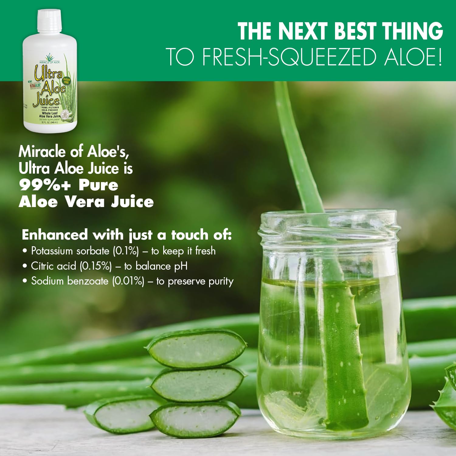 Miracle of Aloe Ultra Aloe juice glass close-up; easy to mix into drinks.