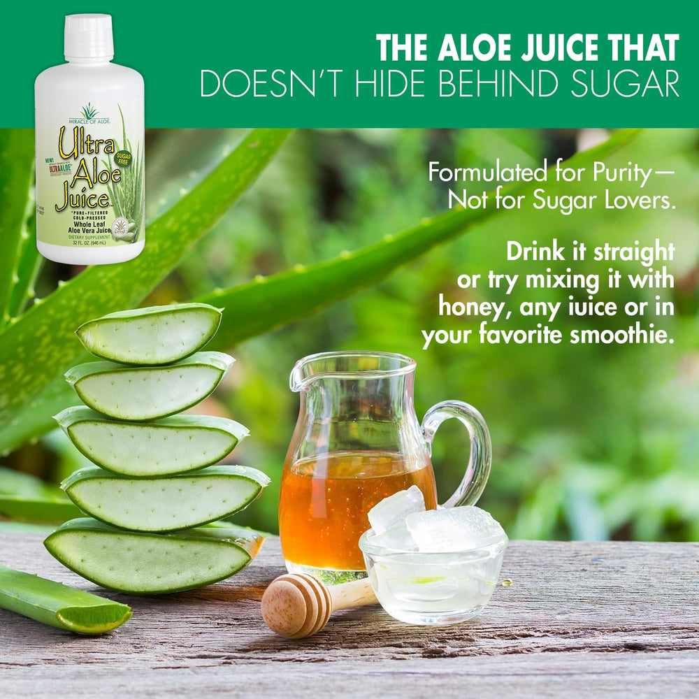 Miracle of Aloe Ultra Aloe juice label; IASC certification signals trusted quality.