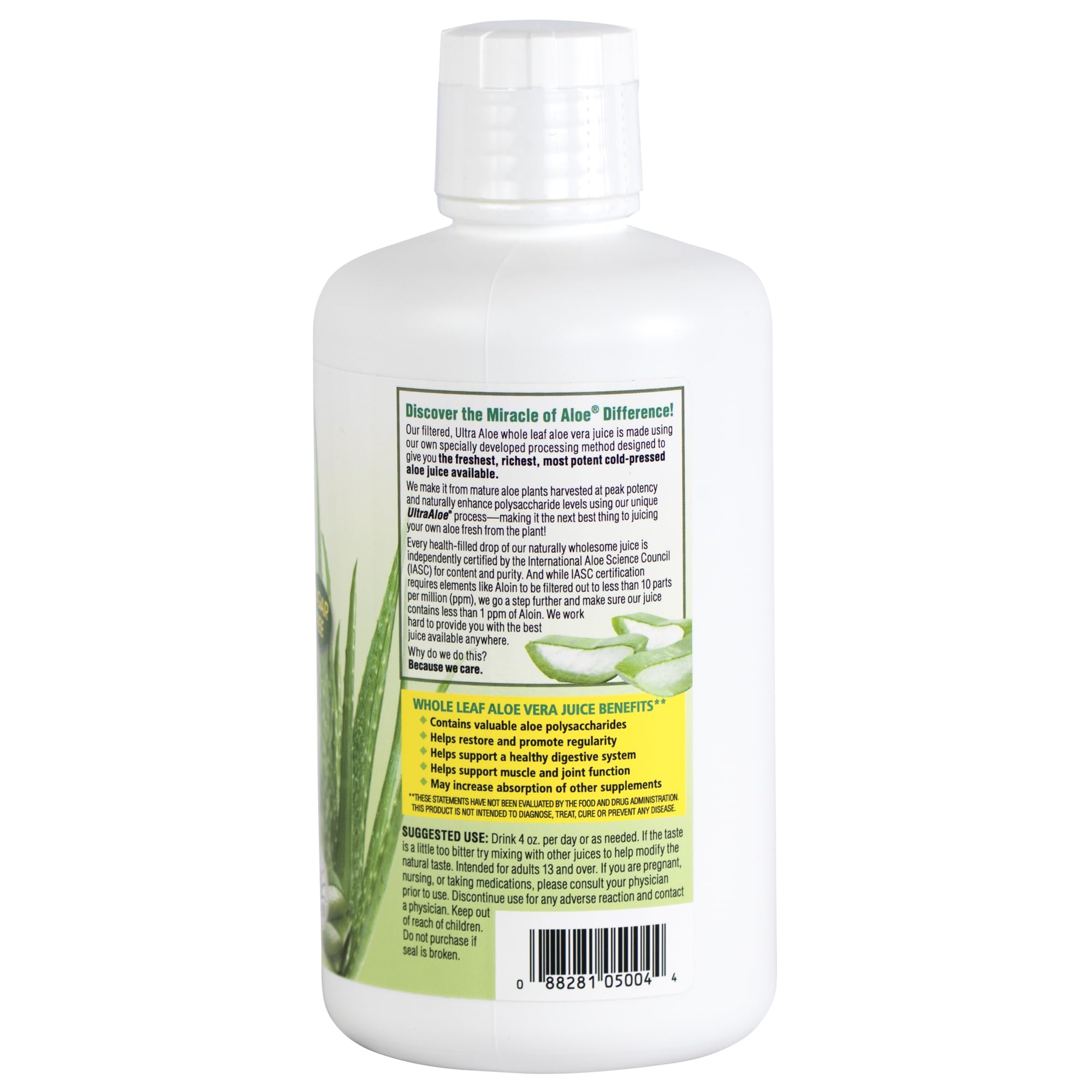 Miracle of Aloe Ultra Aloe juice bottle close-up; premium whole-leaf goodness.