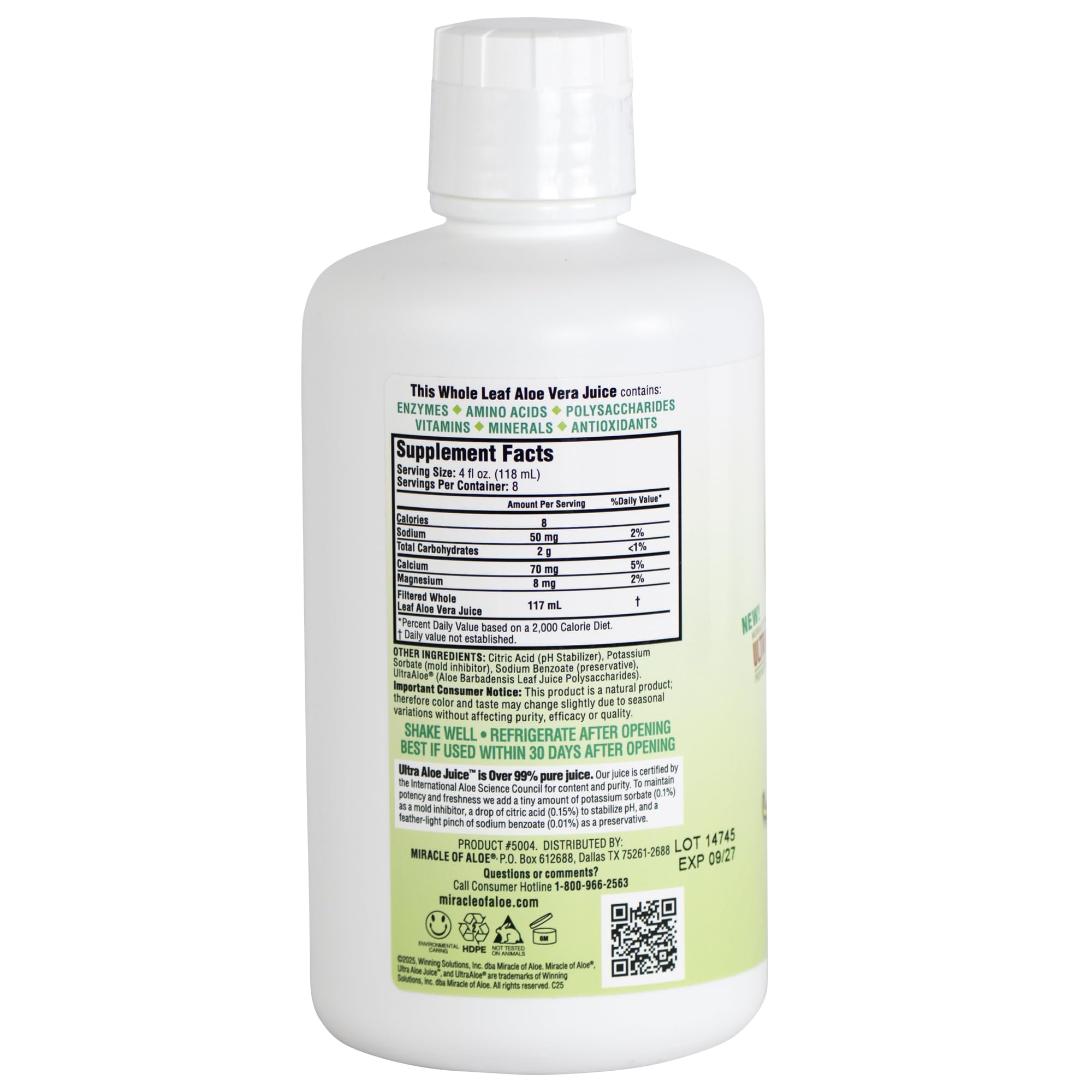 Miracle of Aloe Ultra Aloe juice USA-bottled packaging; freshness guaranteed.