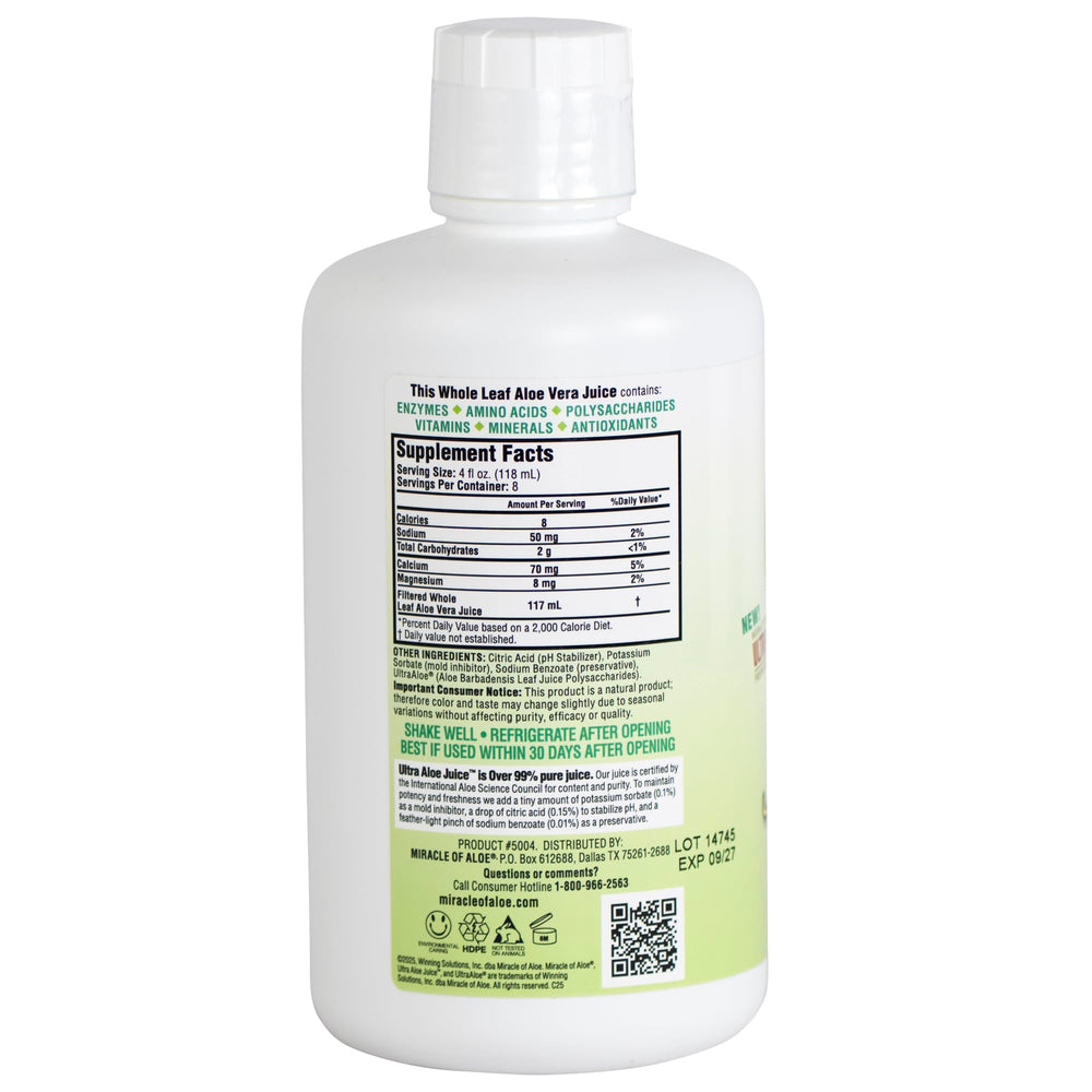 Miracle of Aloe Ultra Aloe juice USA-bottled packaging; freshness guaranteed.