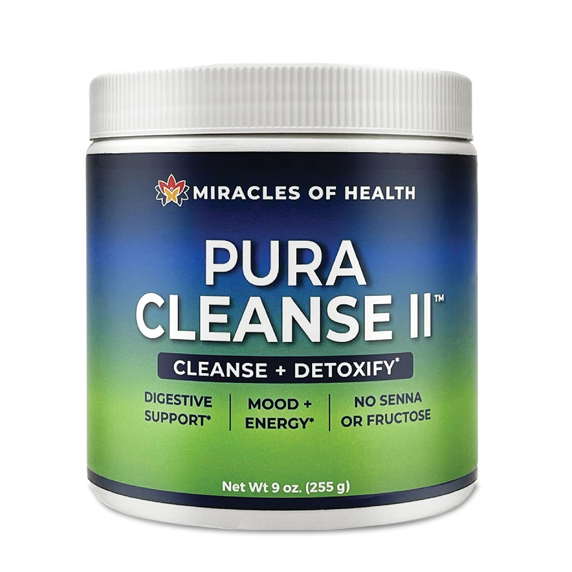 Miracles of Health Pura Cleanse II bottle for daily gentle colon detox.