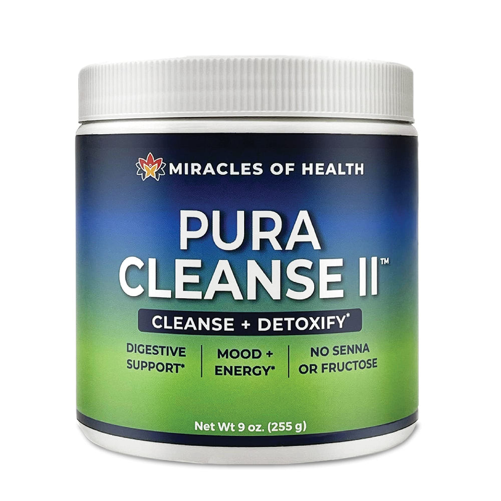 Miracles of Health Pura Cleanse II bottle for daily gentle colon detox.